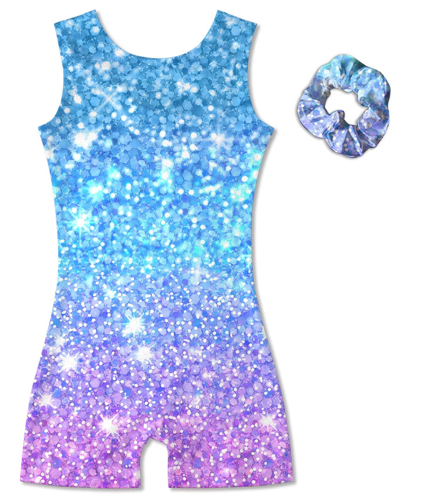 Vogseek Gymnastics Leotards for Girls 4 5 Years Shiny Blue Purple Athletic Outfits with Hair Scrunchie Kids Cute Tank Sleeve Activewear Ballet Dance Unktards,Blue Purple