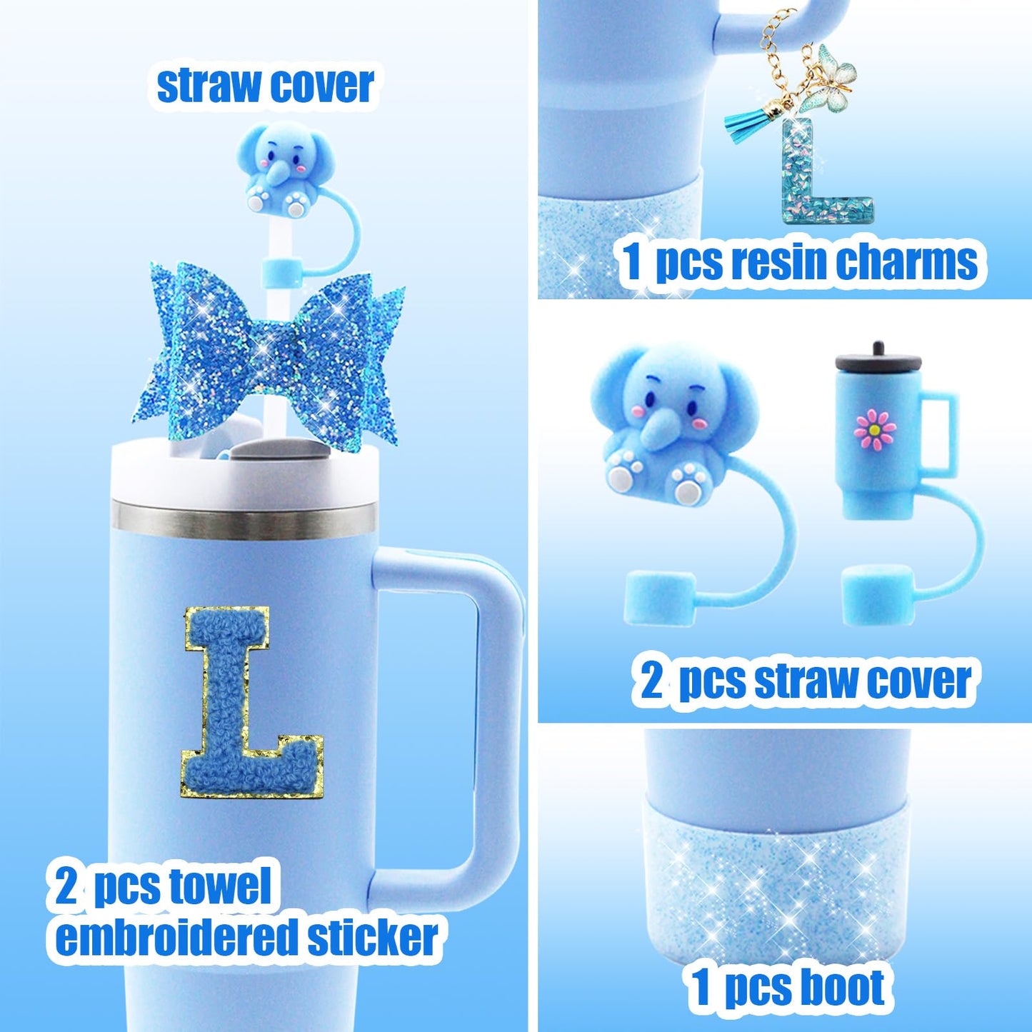 Liangang 9PCS Cup Accessories Set For Stanley 30oz 40oz,Including 2PCS Stanley Straw Cover and Boot,Spill Proof Stopper,Handle Charm,Bow straw,2PCS Sticker Letter (Letter L)