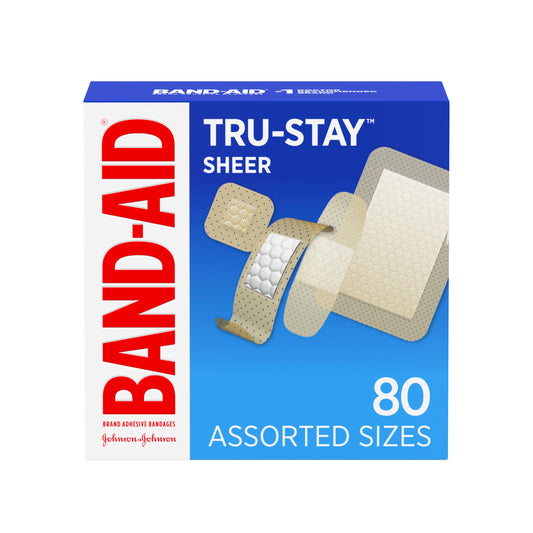 BAND-AID Brand Tru-Stay Sheer Adhesive Bandages, Dependable Lightweight Protection & Sterile Wound Care for Minor Cuts, Scrapes & Burns, First Aid Kit Essential, Hurt-Free Pad, Assorted Sizes, 80 Ct