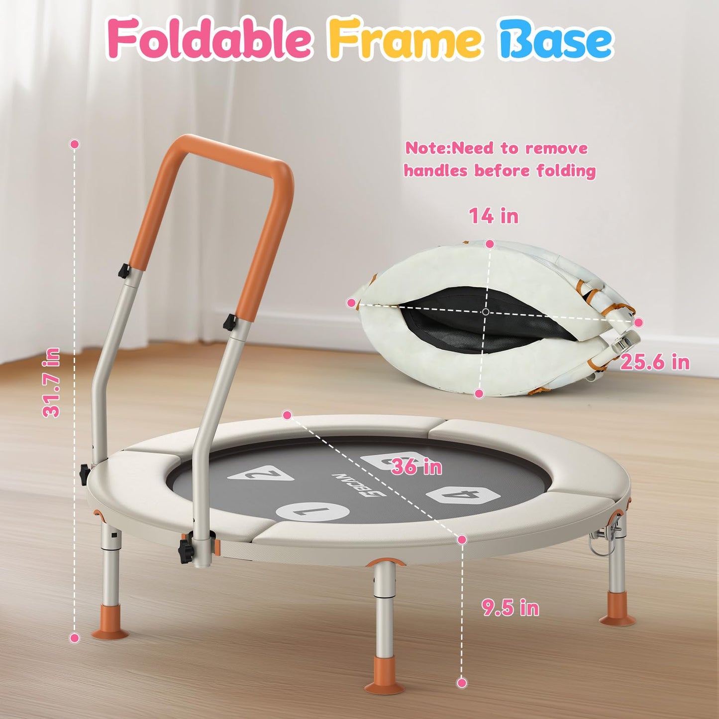 BCAN BT1 36'' Toddler Trampoline, ASTM Certified-Foldable Mini Trampolines for Kids Ages 1-6, Adjustable Handle, Safety Pad & Foldable Legs, Baby Trampoline Indoor/Garden, Gift for Boy and Girl, Beige