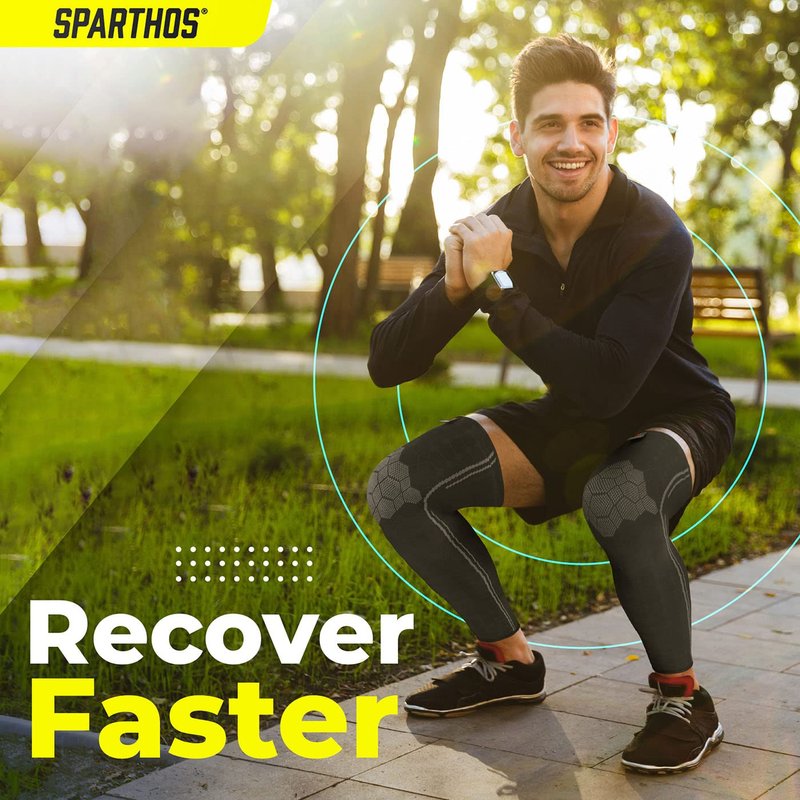 Sparthos Full Leg Compression Sleeves - Brace for Calf, Knee and Thigh, Recovery, Support Pain Relief for Sports Shin Splint Arthritis Patella MCL Acl Tendon - Anti Slip - Mens and Womens (Black-L)