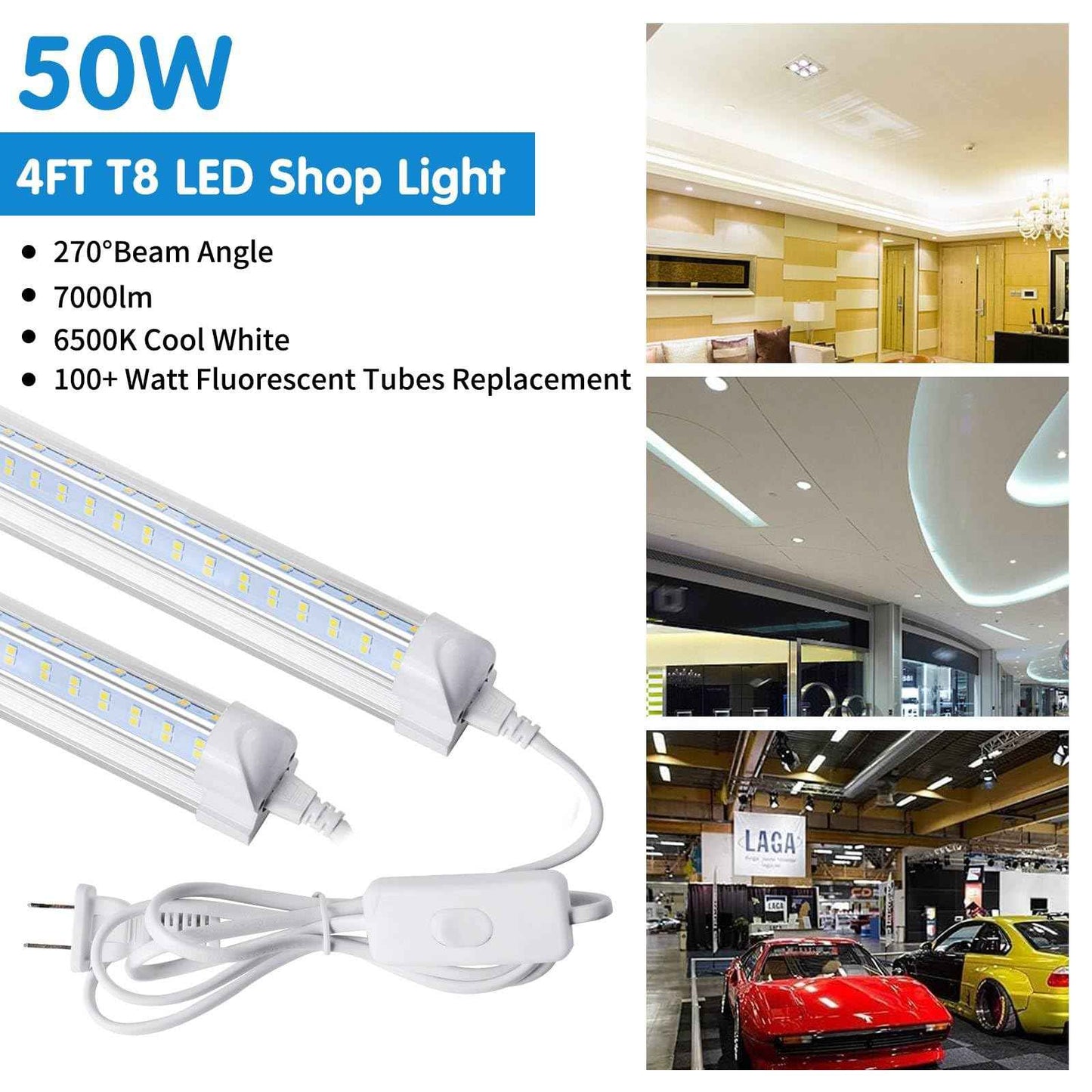 Led Shop Lights,Led Shop Lights 4FT 50W 6500K 7000LM Clear White,Shop Light 4FT 110V Linkable Integrated V-Shape for Shop Garage,Warehouse,Workbench and Workshop Commercial Bay Lighting(4-Pack)