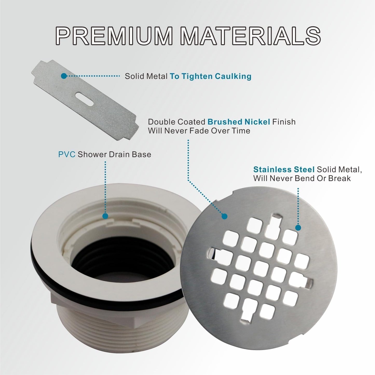 Brushed No Caulk Shower Drain, Welsan PVC Compression Shower Floor Drain with 4-1/4" Stainless Steel Round Grid Strainer Cover, Brushed Nickel