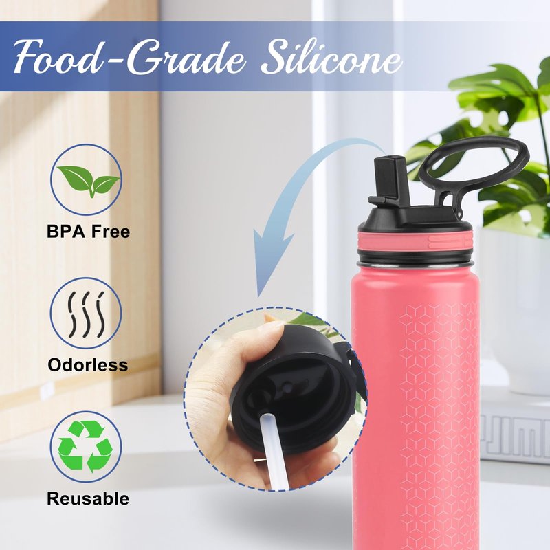 Reusable Silicone Straw Set for Hydro Flask Bottles – Fits 12/16/18/20/24/32/40/64 oz, Silicone Straws + Cleaning Brushes + Measuring Sheets + Cutter Tool (15)