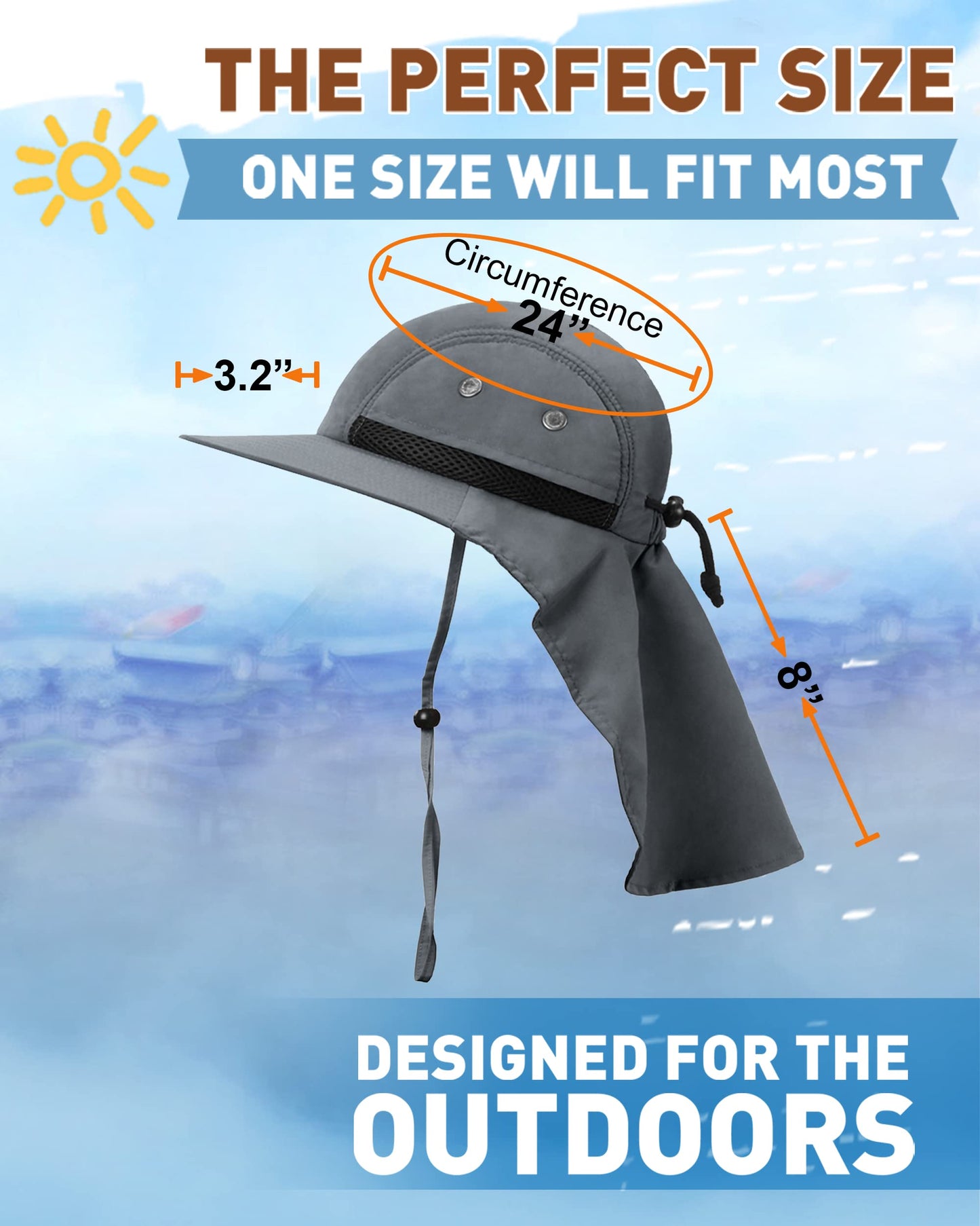 Tirrinia Wide Brim Sun Hat with Neck Flap for Men & Women, Breathable Hiking Fishing Safari Hat, Outdoor UV Protection Cap