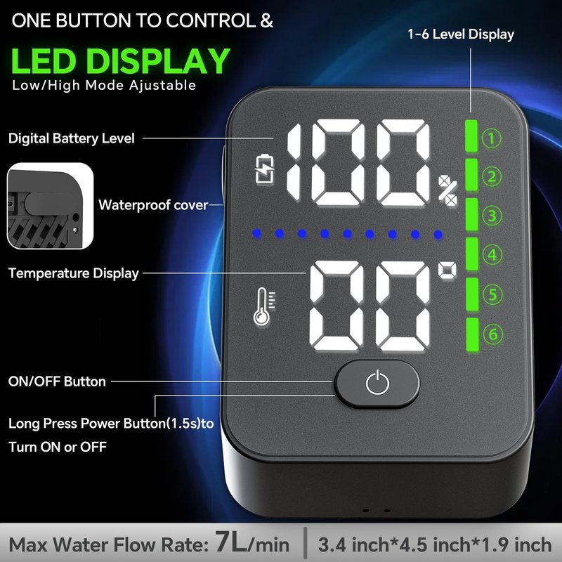 Portable Shower with Heater,1500W Auto-Off Heater,6 Water Pressure Levels & 3 Spray Modes for Battery Camping Shower Pump,8000mAh Rechargeable Battery,LED Display for Travel,Car and Pets Washing