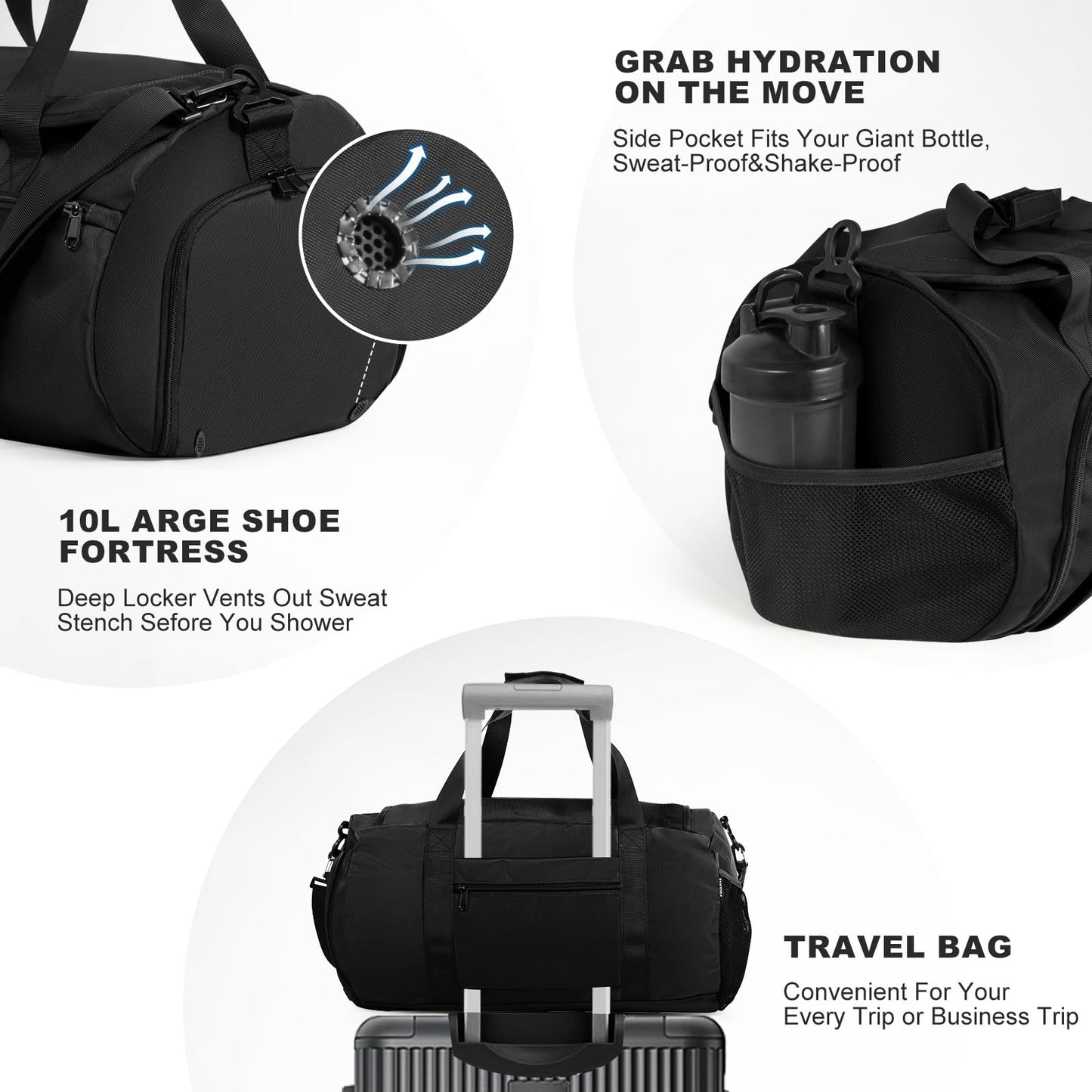 FINYIOE Gym Bag for Men Women With Shoe Compartment & Wet PocketWater Resistant Sports Gym Bag 、shoulder bag、messenger bag Carry On Duffel Bag forWeekend Overnight Traveling (black)
