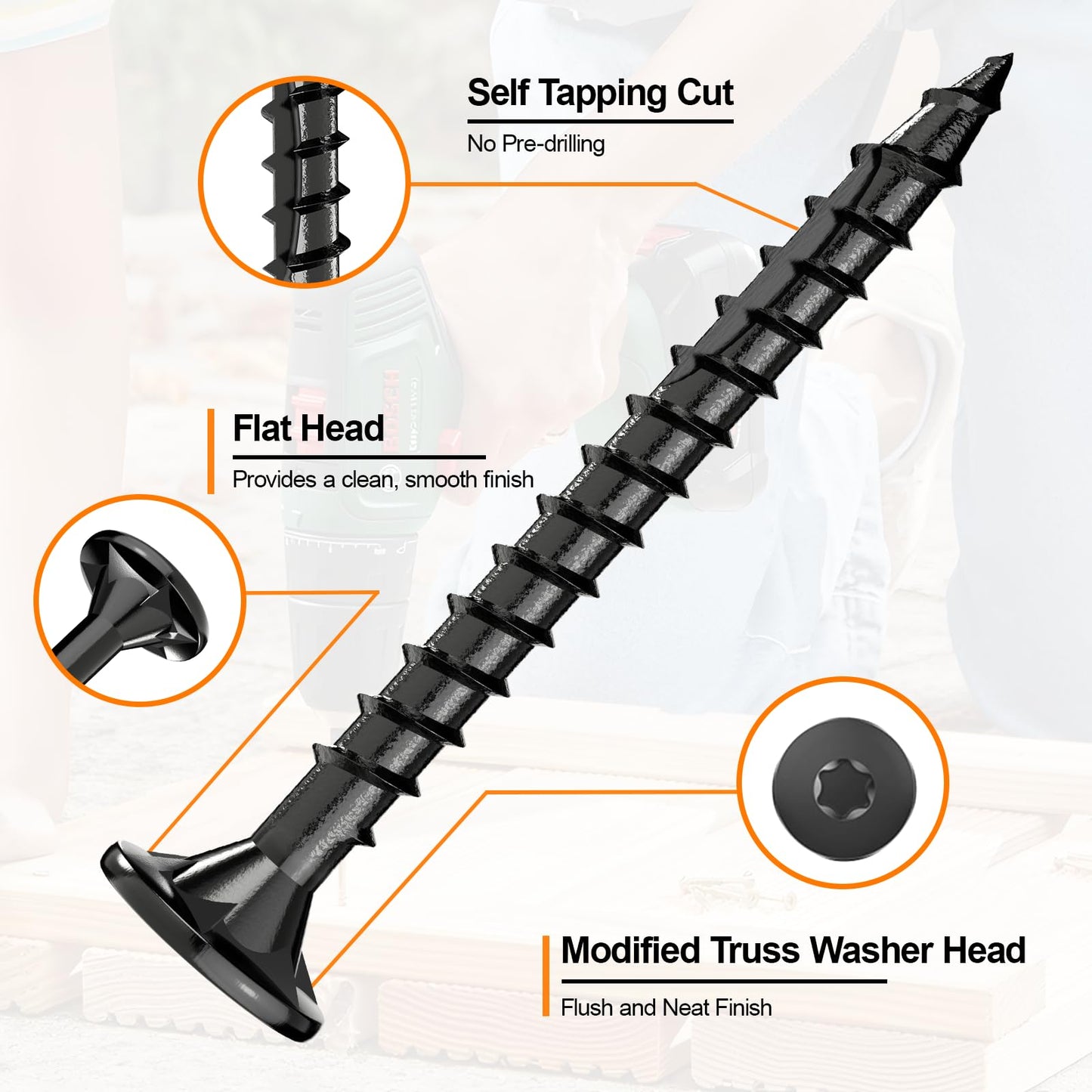 #8 x1” Deck Screws, 100Pcs Star Drive Wood Screws, Rust Resistant Timber Screws for Timber/Log/Landscaping Wood, T20 Star Bit Included, Black