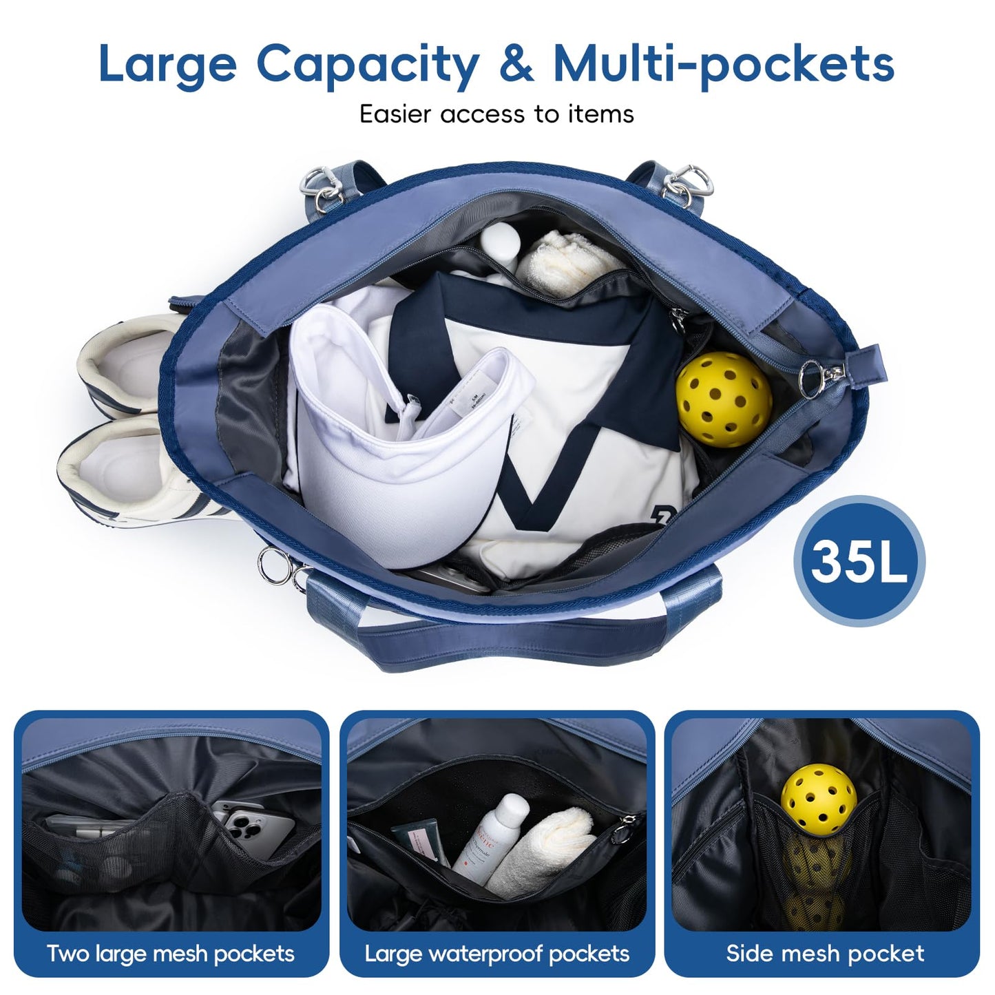 Pickleball Tote Bag for Women with Fence Hook, Quilted Pickleball Bag Holds 3-4 Paddles with Shoe Compartment & Wet Pocket