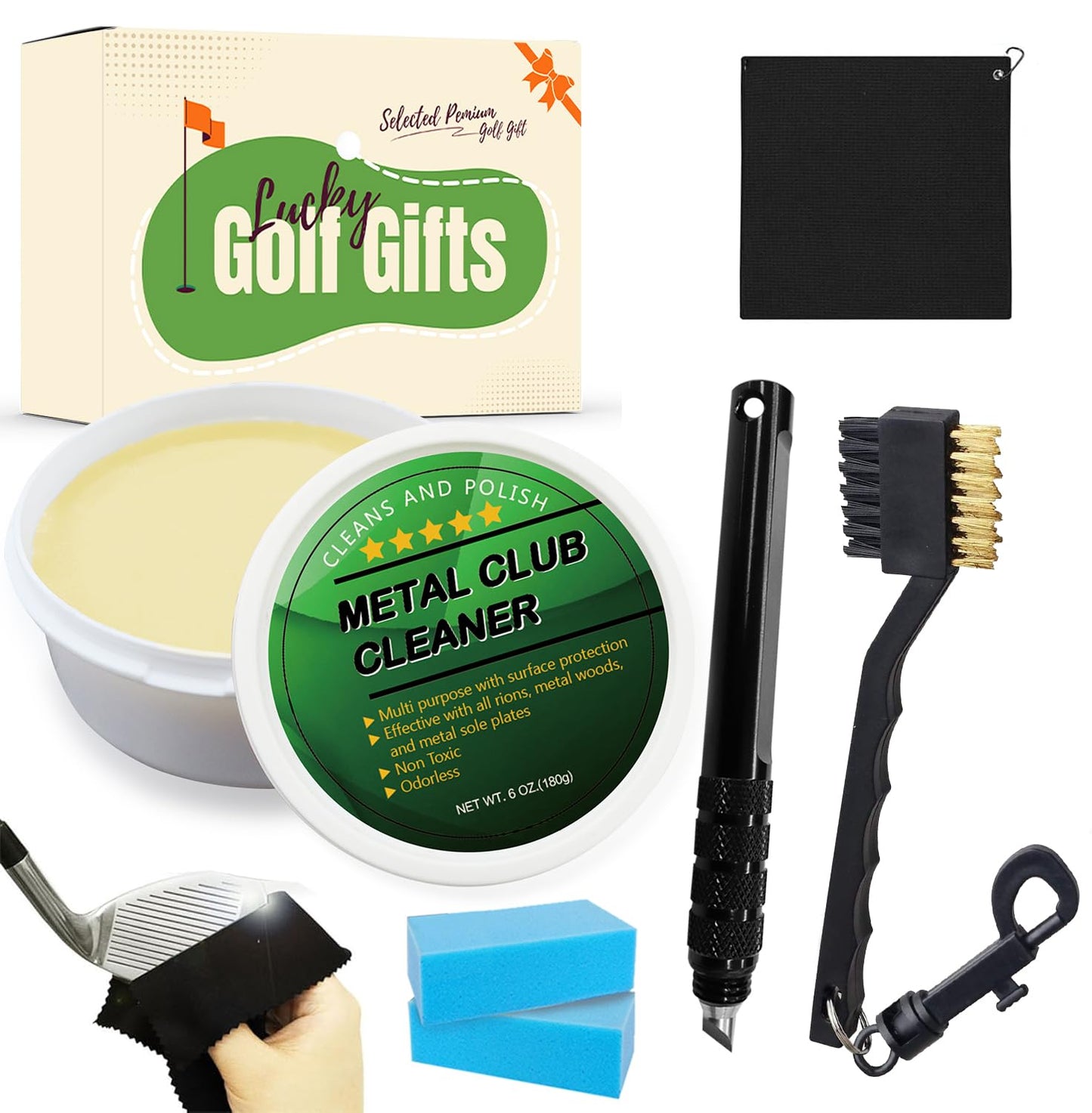 FINGER TEN Golf Iron Polishing Kit Club Cleaner Polish Cleaning Solution Golf Club Care Set Golf Brush Cleaner Sponge Value Pack (Club Cleaner 8 Set)