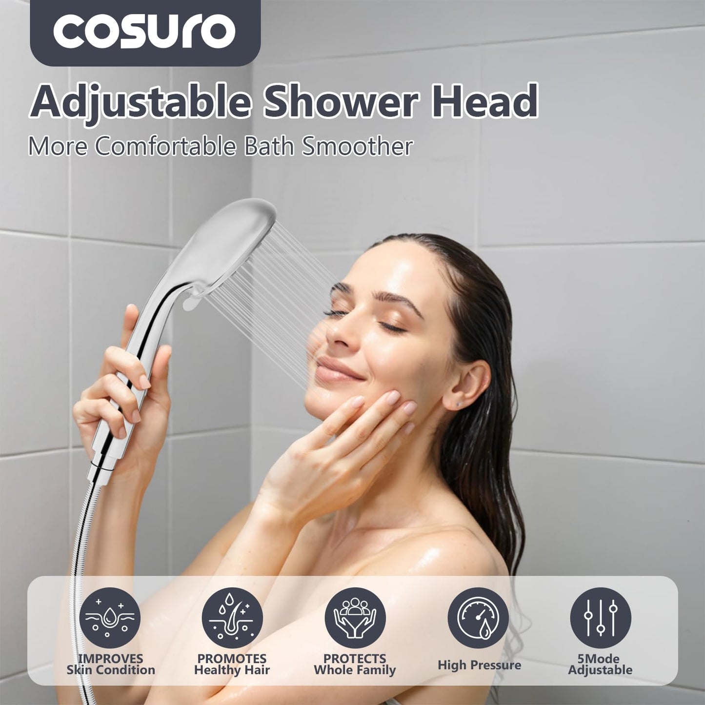 Cosuro High Pressure Shower Head with Powerful Shower Spray & 59'' Stainless Steel Hose, 5 Spray Modes, Adjustable Bracket and Non-Clogging Nozzles