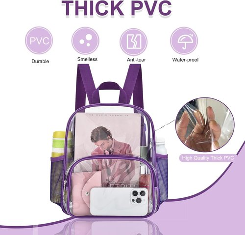 Busiuw Clear Backpack - Stadium-Approved Design with Front Pocket | 12"x12"x6" | Purple Color