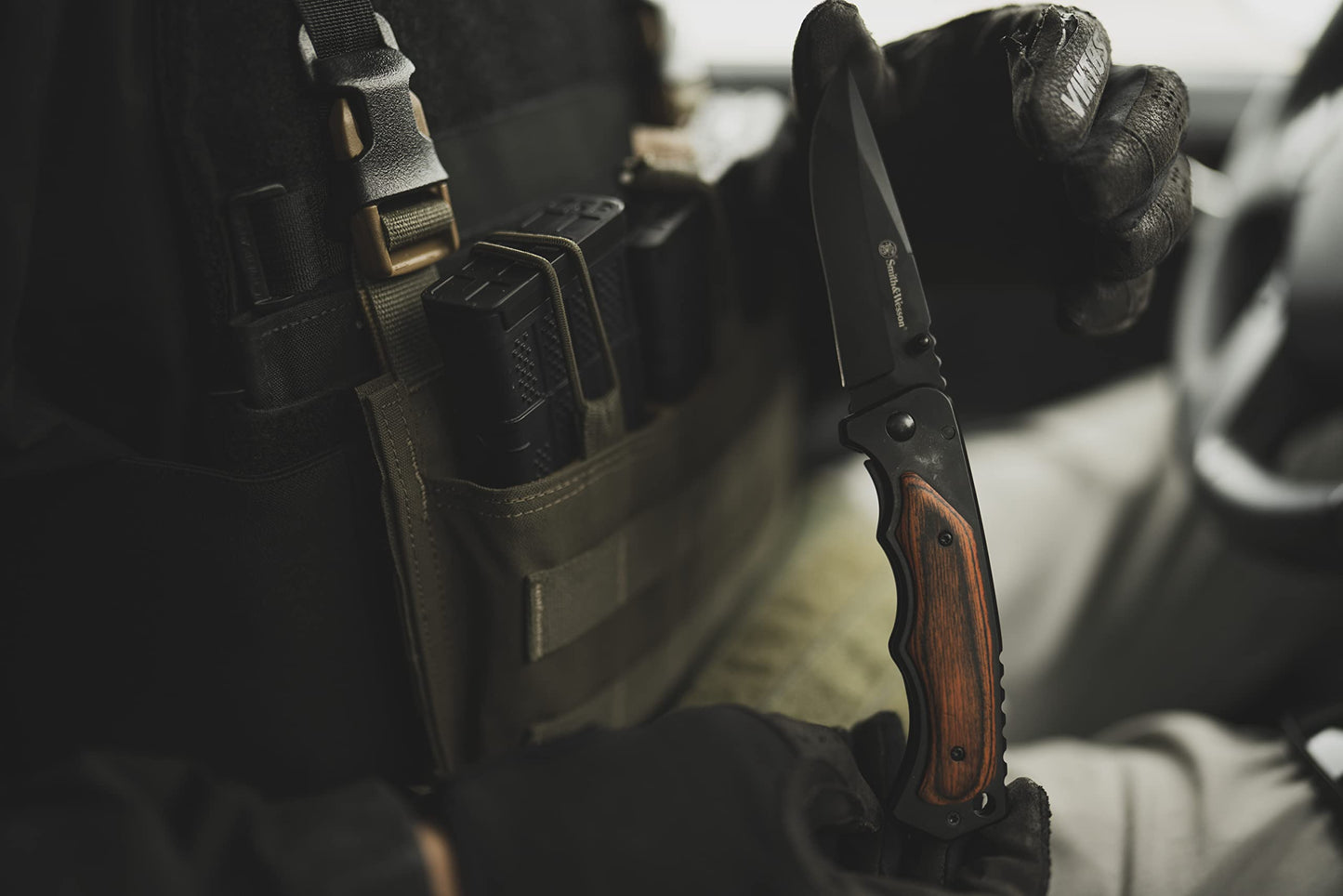 Smith & Wesson 8.5in S.S. Folding Knife with 3.7in Drop Point Blade and S.S. and Real Wood Insert Handle for Outdoor, Tactical, Survival and EDC