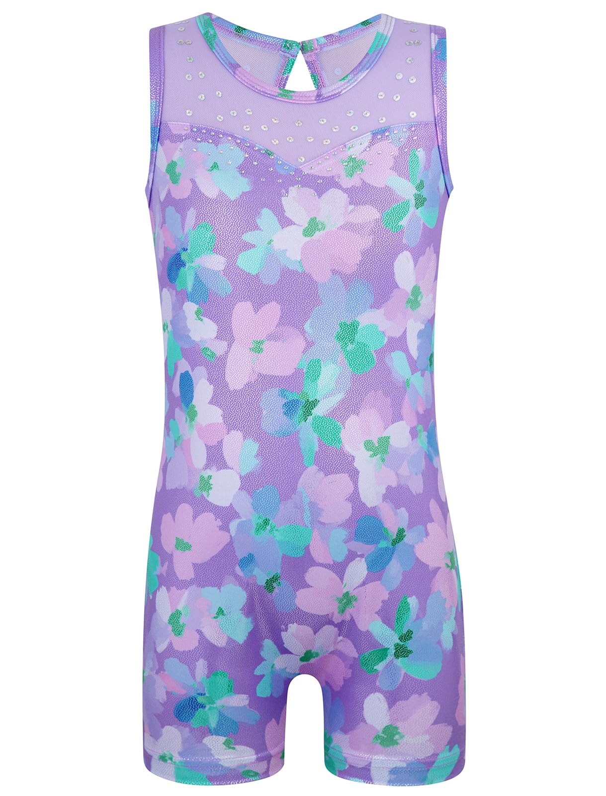 HOZIY Leotards for Girls Gymnastics 3t 4t Mesh Neckline with Iridescent Rhinestones Back Cut Out Sleeveless Purple Floral Biketard Shorts Tumbling Outfits Toddler Kids Sparkly Shiny