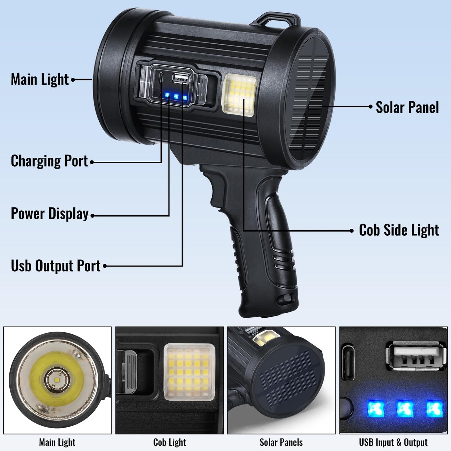 99,000 Lumens Rechargeable Handheld Spotlight - Super Bright LED Flashlight for Boats