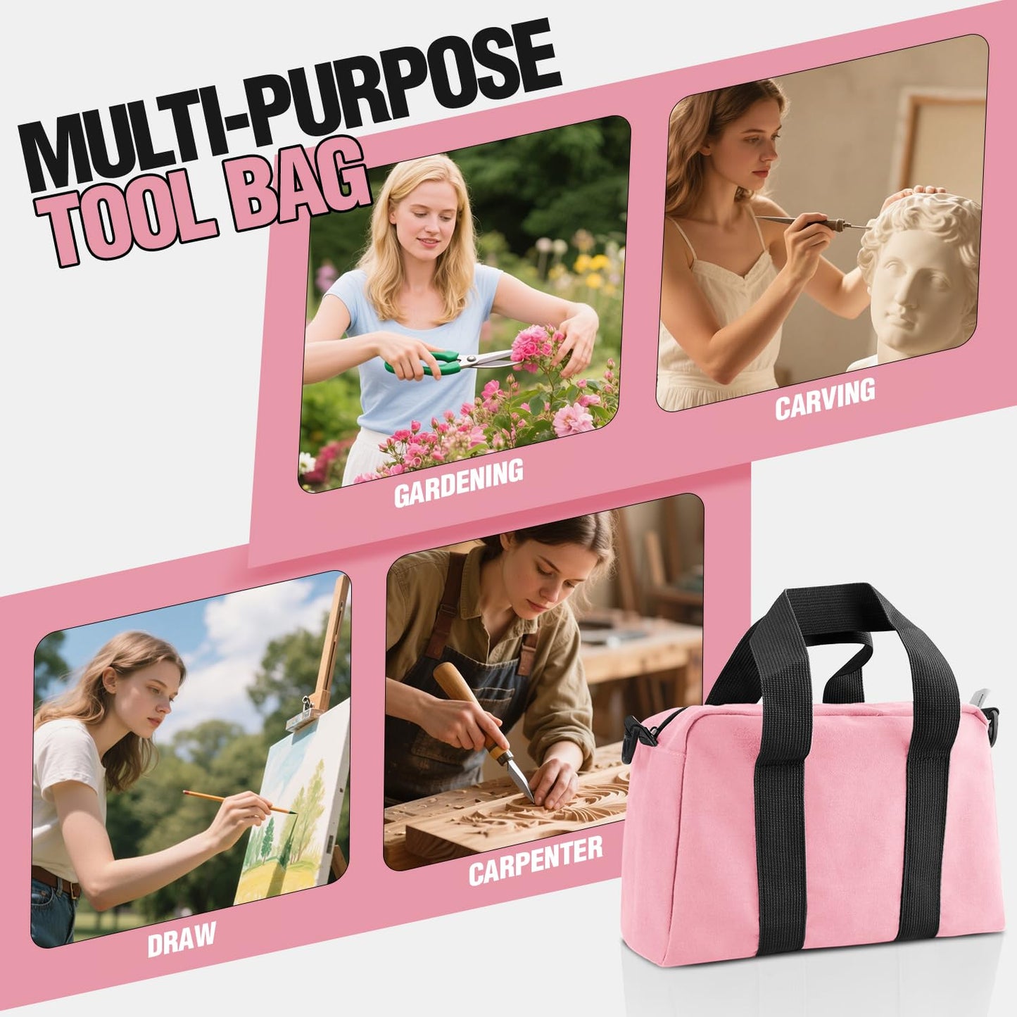 Small Tool Bag, Canvas Tool Storage Bag, Large Capacity Multipurpose Zipper Soft Tote Organizer Pouch for Electrician, Plumbing, Gardening,Tools Bags for Men (Pink, 13 Inch)