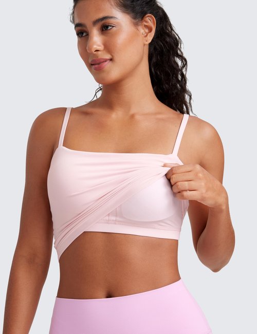 CRZ YOGA Butterluxe Cami Crop Tank Tops for Women - Square Neck Adjustable Padded Longline Sports Bras Workout Camisole Strawberry Pink Small