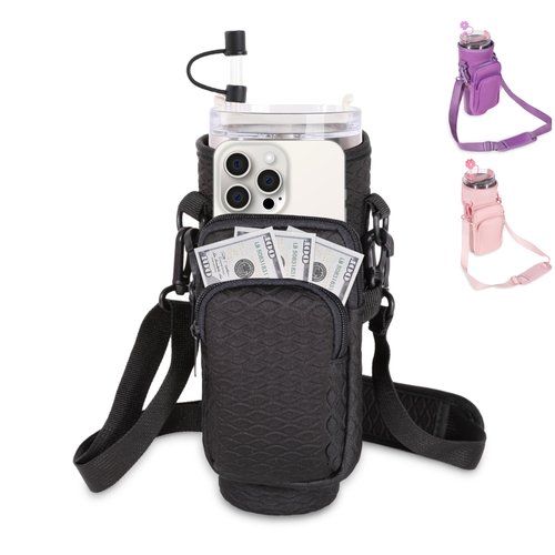 &And Per Se Neoprene Water Bottle Carrier Bag for Stanley 40oz Tumbler, Crossbody Sling with Phone Pocket & Detachable Strap, Adjustable Shoulder Holder Pouch with Charm, for Gym Travel(Black)