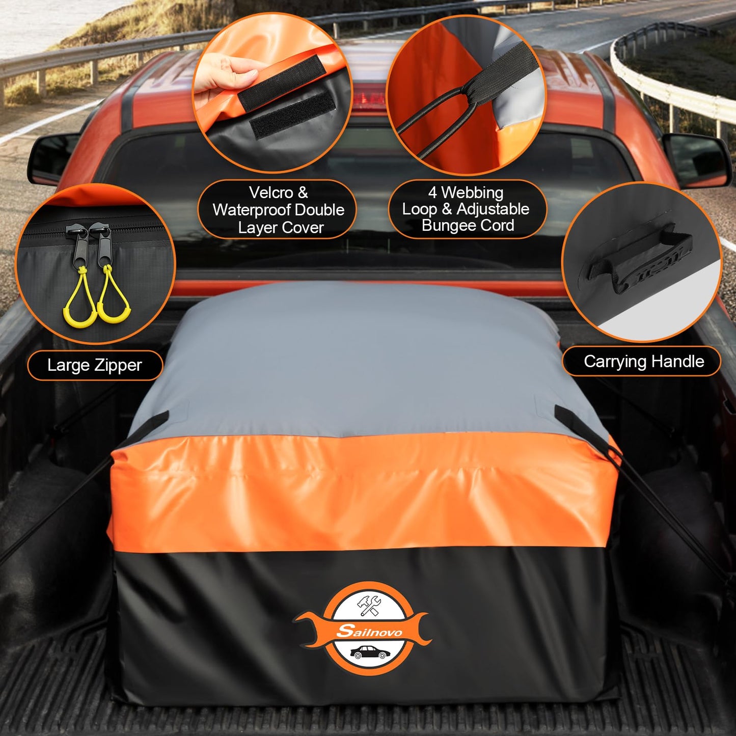 Sailnovo Truck Bed Bag, 35 Cubic ft 100% Waterproof Fits Any Truck Size, Heavy Duty Truck Cargo Bag PVC Water Resistant with 4 Stretch Cord, Packing Bag (59''x47''x22'')