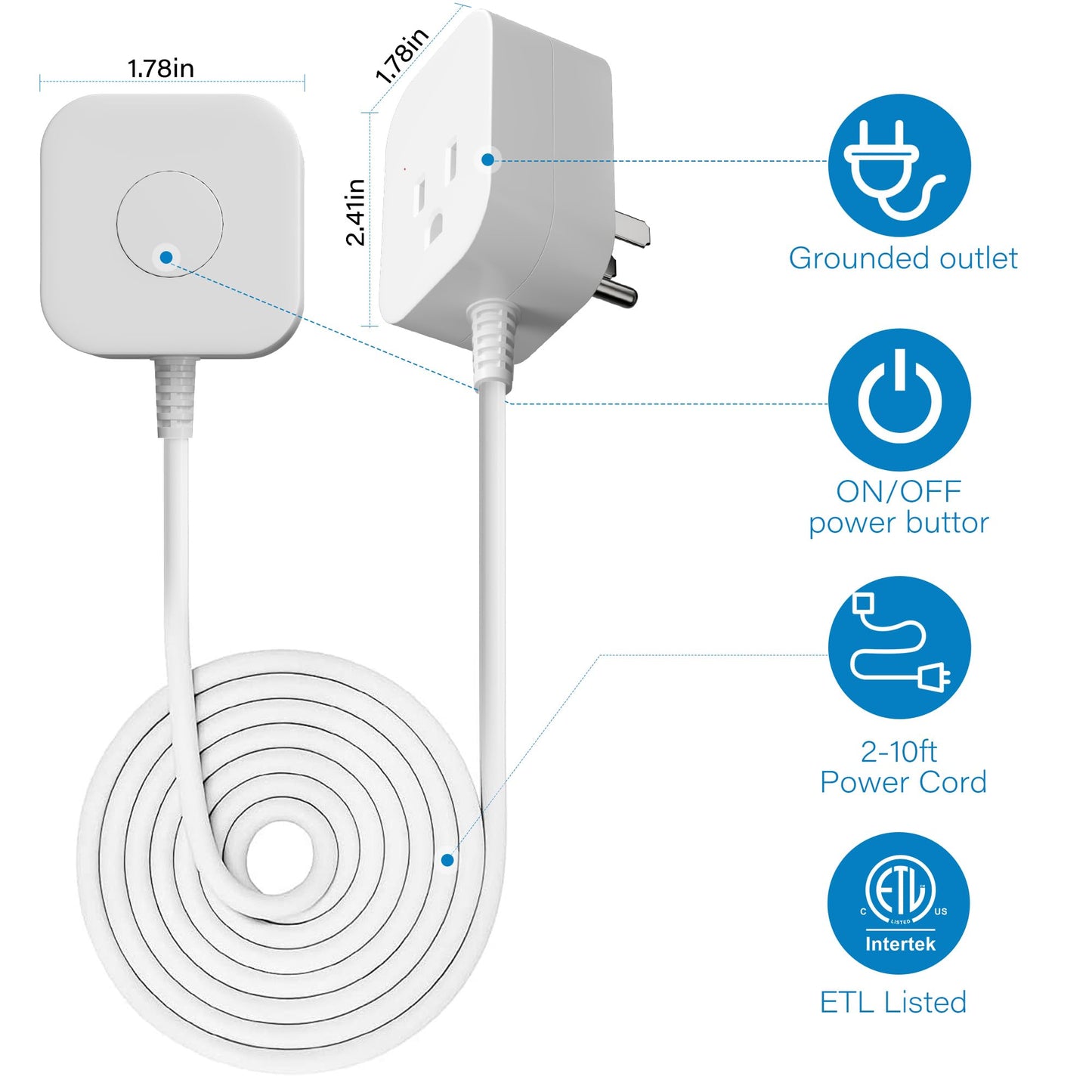 Elecan 3 Prong Lighting Control Grounded Plug, Silent ON/Off Switch with 10 Ft Power Cable, Energy& Space Saving Cord, 125V for Tabletop or Wall Mount Indoor, Lamps Fans Small Appliance, ETL-White