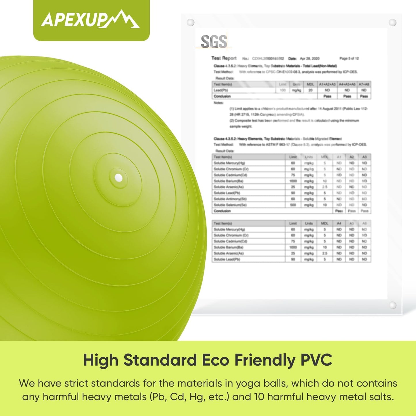 APEXUP Yoga Ball, 660 lbs Anti-Burst Exercise Ball with Pump, 5 Sizes (L (23"~26") 65cm, Green)