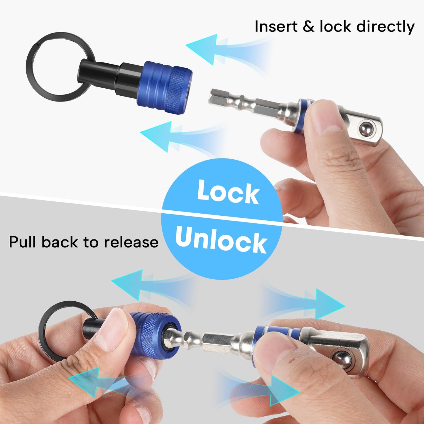 FACAINCXS Upgraded 6PCS Bits Holders Keychain, 1/4 inch Hex Shank Bit Holders, Quick-change Design for Nut Driver, Screwdriver & Drill Bits, Include Keychain Carabiner Gifts for Men (Black)