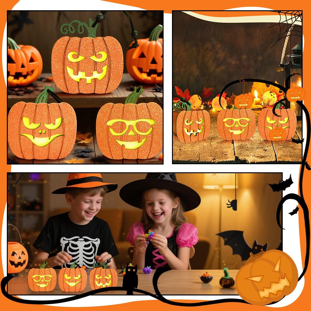 Schreckify Halloween Decorations Indoor 3PCS,Light Up Pumpkin Halloween Wooden Table Centerpieces Sign for Mantel Office Tabletop Tiered Tray