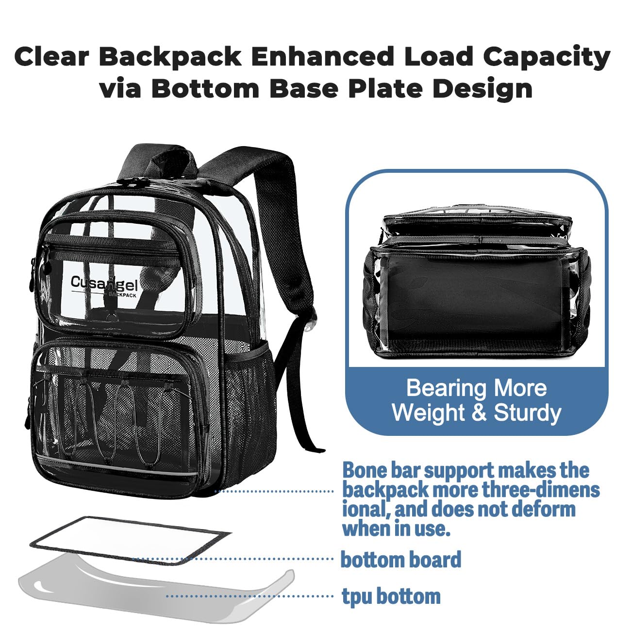 Cusangel Large Clear backpack for girls,16in TPU Plastic Bookbag,Stadium,school, and other security check locations (Black)