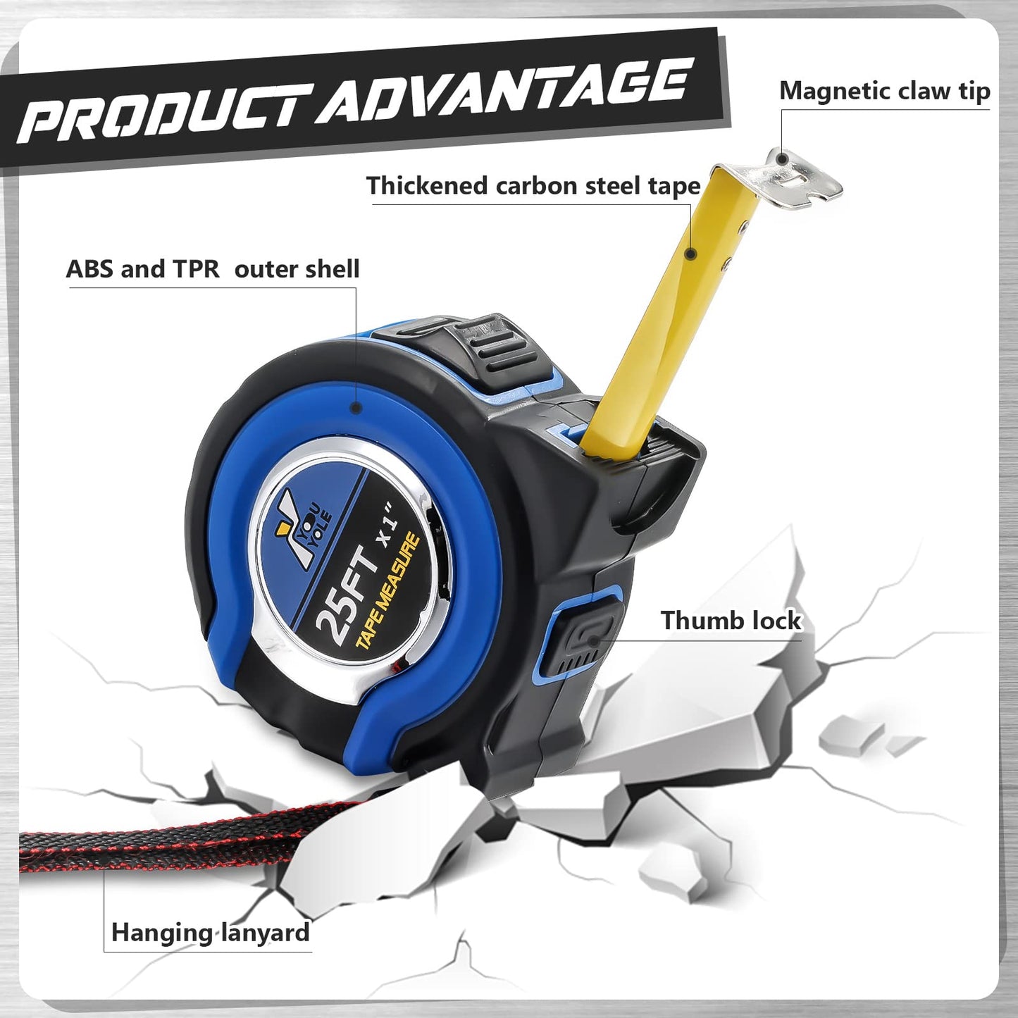 Youyole 24 Pack Tape Measure with Fractions 1/8 Steel Measuring Tape Retractable Easy Read Measurement Ruler Steel Power Blade (25 ft X 1 in,Blue)