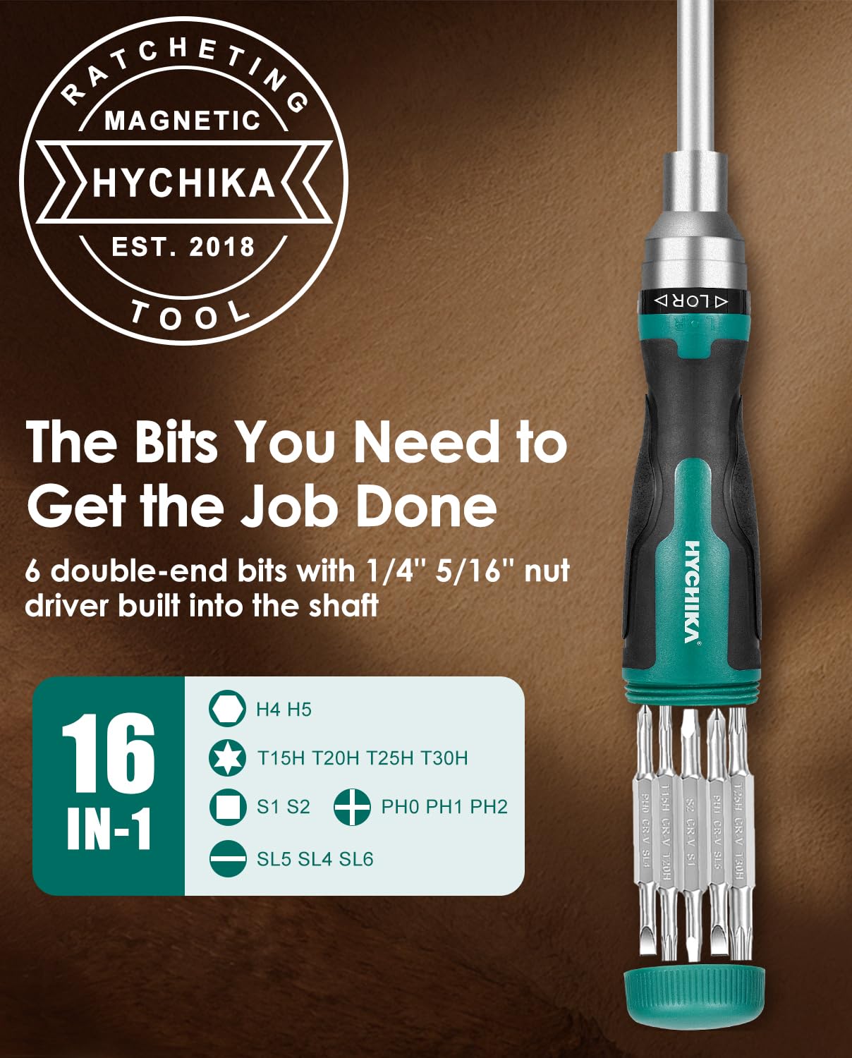HYCHIKA Ratcheting Screwdriver 16-in-1, Magnetic Ratchet Screwdriver Set, Screw Driver Multi Bit All in One with Phillips, Slotted, Torx, Square, Hex bit and Double End Nut Driver