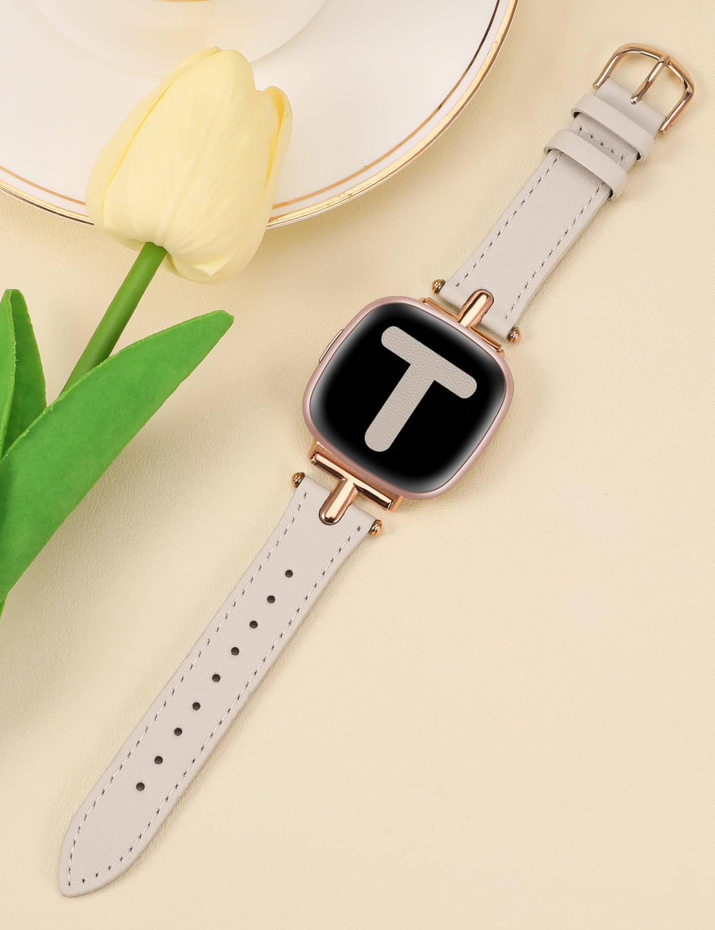 Wearlizer Leather Band Compatible with Fitbit Versa 4 Bands for Woman/Versa 3/Sense 2/Sense Bands Women, Dressy Designer T-Shape Metal Buckle Leather Strap