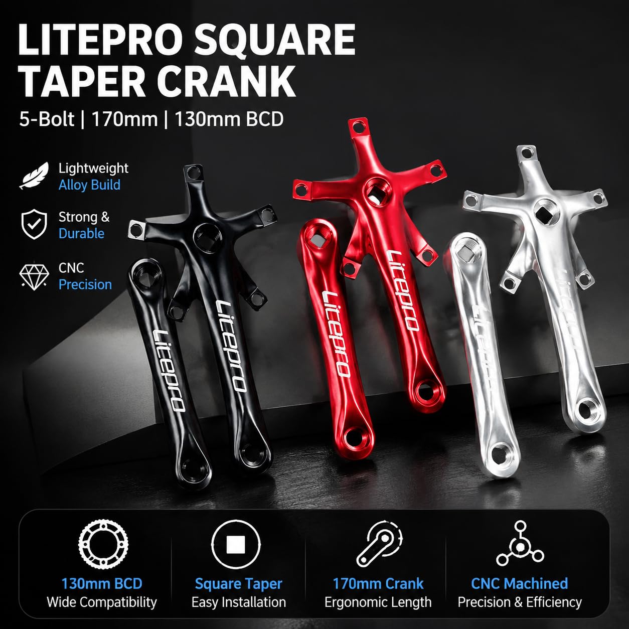 FREERDNG for Litepro Folding Bike Crankset Ultra-Light Square Crank 170MM CNC Aluminum Alloy BMX Bicycle 130BCD Chainwheel Parts Accessory (RED)