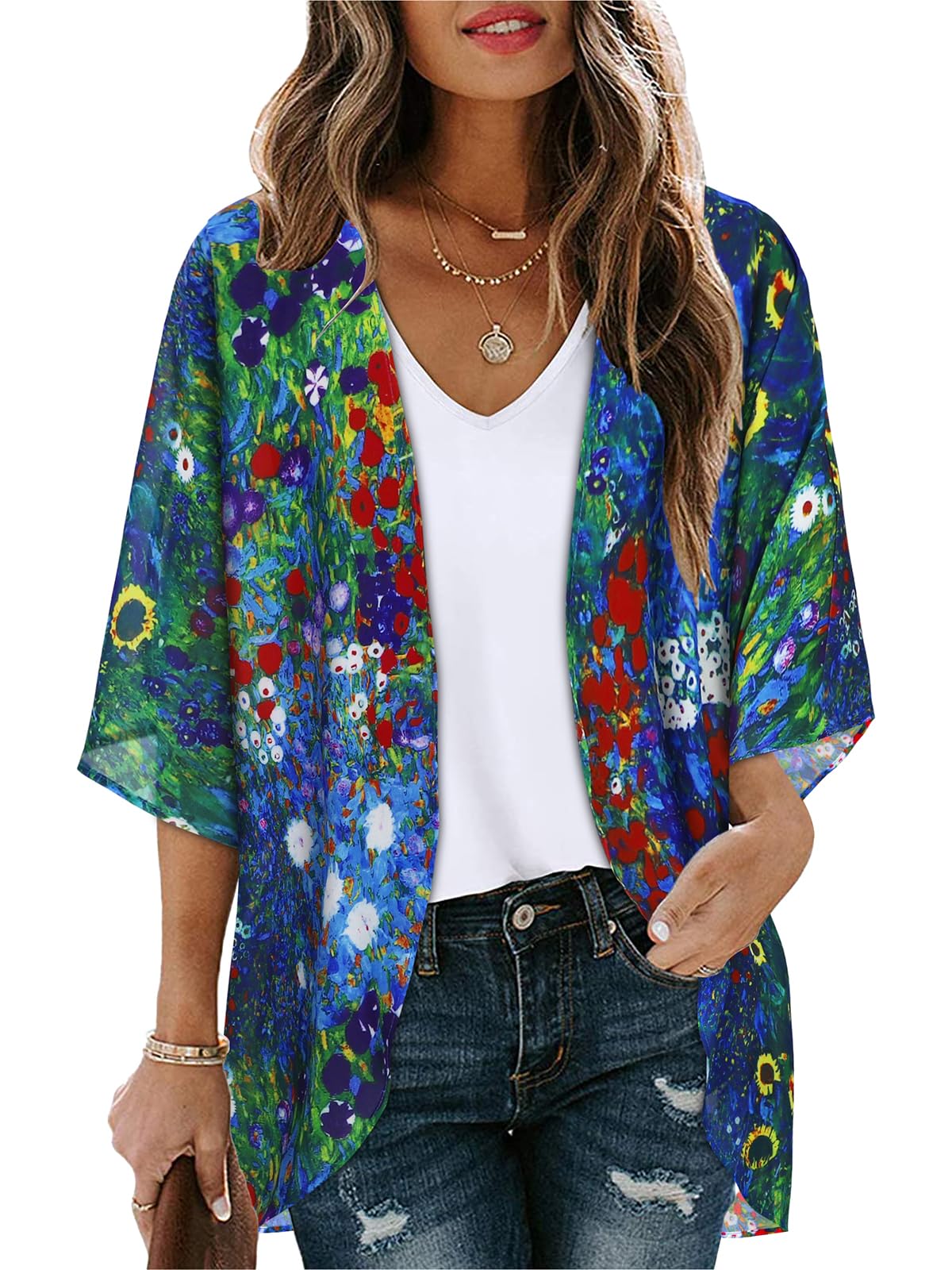 Summer Kimono Cardigan for Women Sheer Hawaii Tops Casual Open Front Swimwear Shirts Beach Cover ups (Green Daisy,L)
