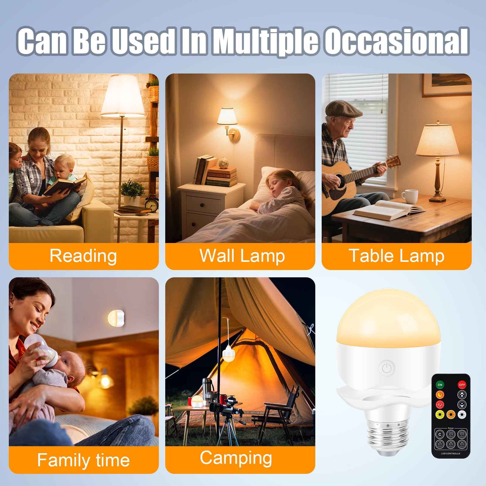 LUSKLLI Rechargeable Light Bulb,LED Portable Bulb with Remote Control, Timer, Battery and 3 Color Temperatures Backup Emergency Bulb for Sconces and Bedside Lamps Non-Hardwired Fixture(2 Packs)