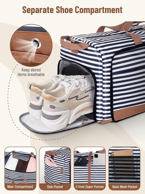 Lekesky Foldable Travel Duffle Bag - 80L Large Capacity with Shoe Compartment & Straps | Blue Stripes