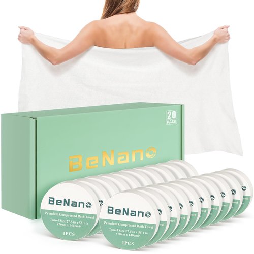 Benano Premium Compressed Towel Tablets Disposable Towel 55.1 in x 27.5 in Large Bath Towel Travel Towel Reusable for Hotel Camping Mountaineering Sports Hiking Beach Swimming Vacation (20 Pack)