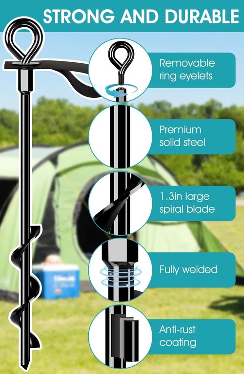 Ground Anchors | 4Pcs Heavy-Duty Screw-In Stakes with Straps - Wind Resistant for Trampolines, Tents & More (4x15in)