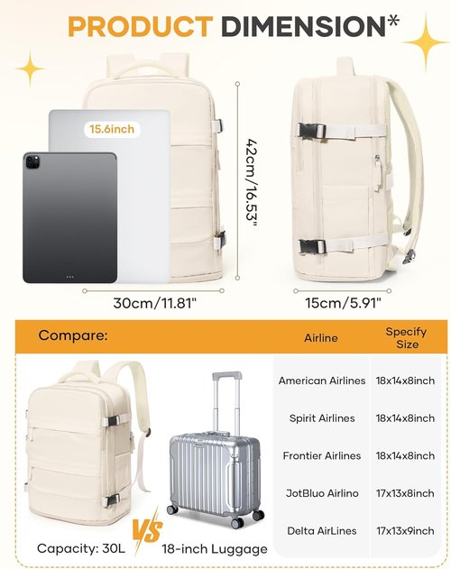 Coofay Beige Travel Backpack - Airline Approved Waterproof Carry-On Bag for Men & Women