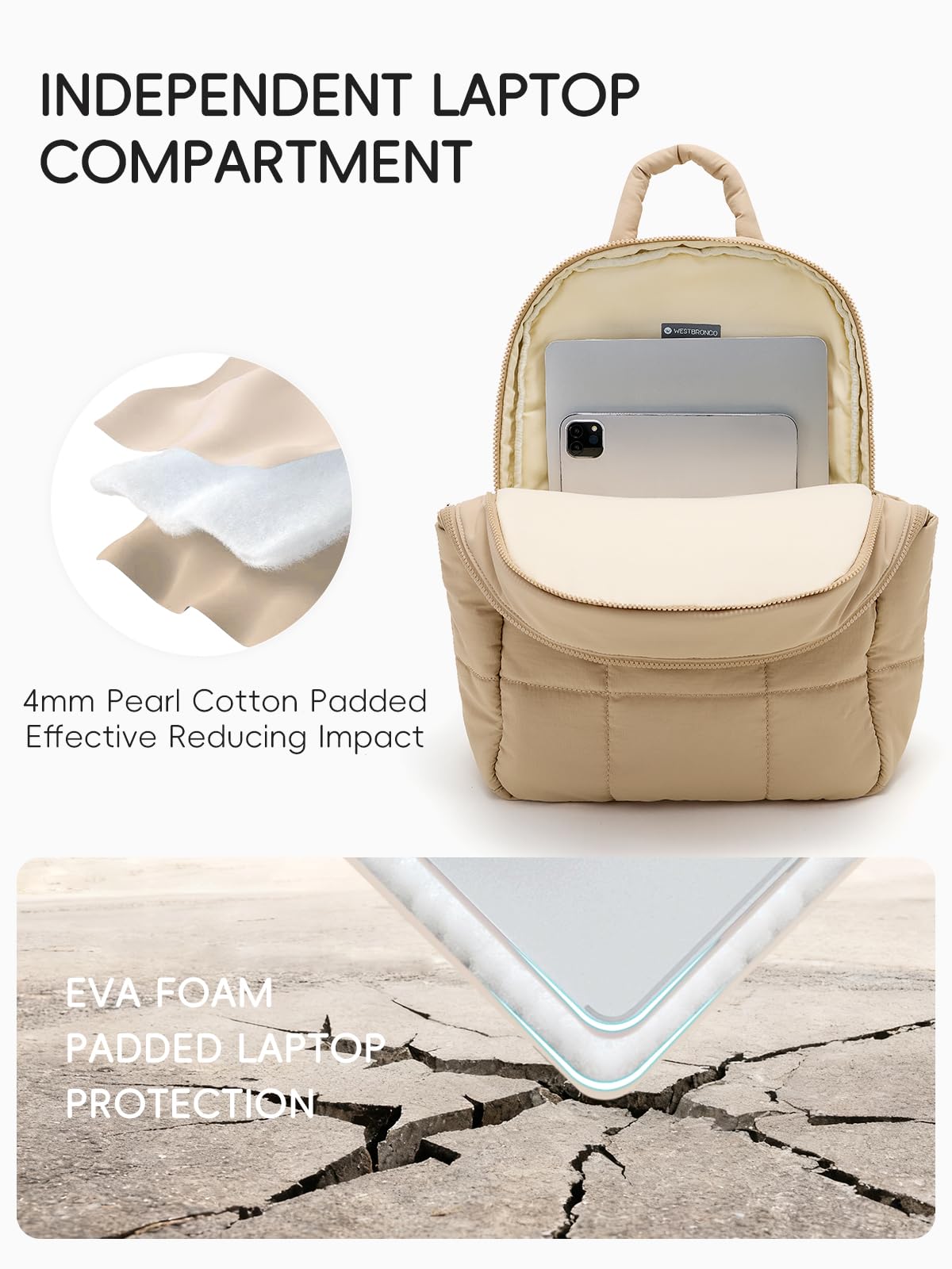 WESTBRONCO Puffer Laptop Backpack for Women Travel Backpack for Women Airplane Approved Backpack with 16'' Laptop Compartment