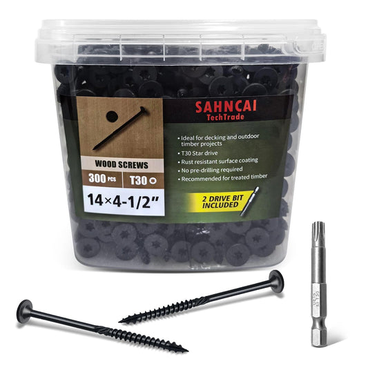 SahncaiTechTrade 4-1/2 Inch Deck Screws 300Pcs, Heavy-Duty Outdoor Wood Screws, Rust Resistant epoxy Coated for Timber/Log/Landscaping Wood, with T30 Star Bit (#14 x 4-1/2")