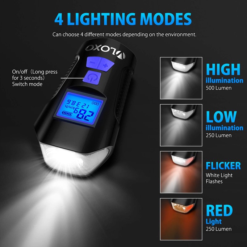 VLOXO Bike Speedometer with LED Bike Light, USB Rechargeable Bicycle Computer with Loud Bike Bell (Blue)