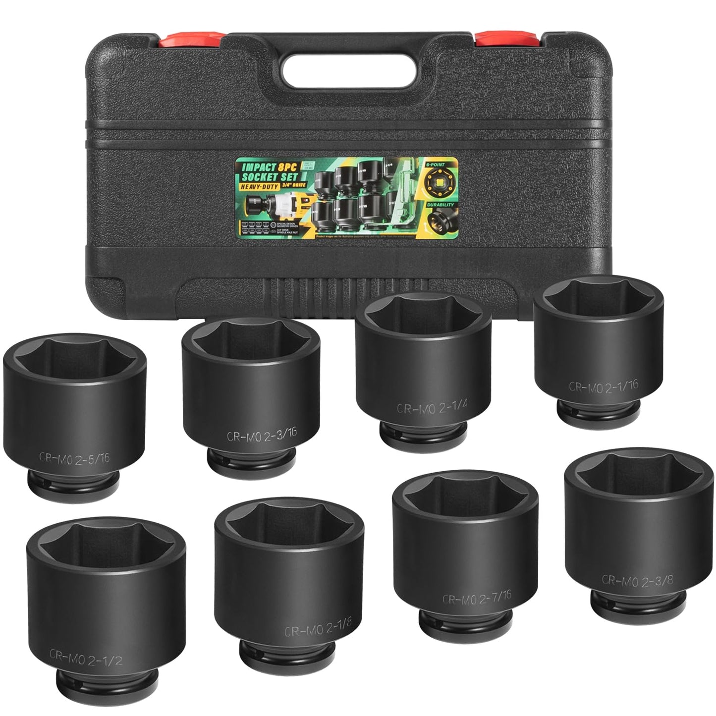 8PCS 3/4" Drive Spindle Axle Nut Impact Large Socket Set, 2-1/16" to 2-1/2", CR-MO Steel, 6-Point
