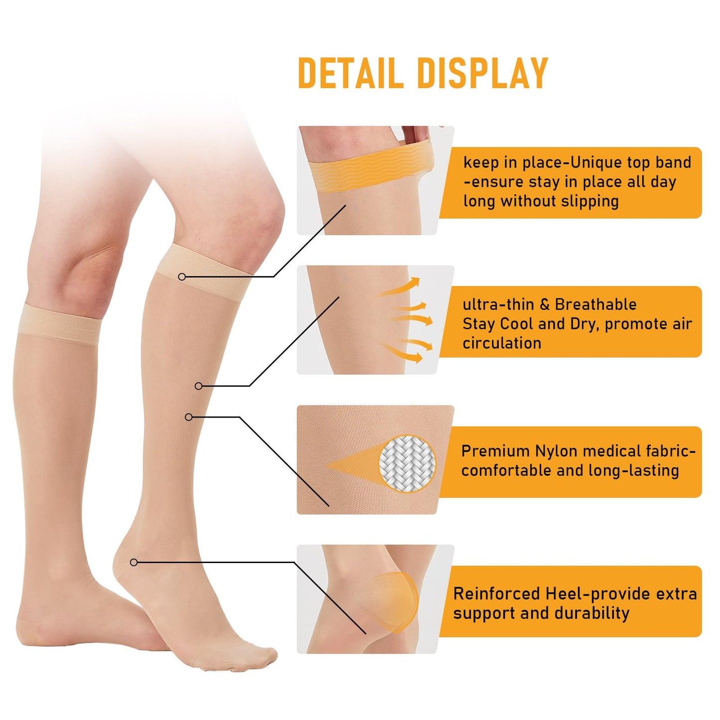 2 Pairs Sheer Compression Socks for Women - 15-20 mmHg Knee High Sheer Compression Stockings for Support Circulation Swelling Edema Work Office Travel, Beige, Medium
