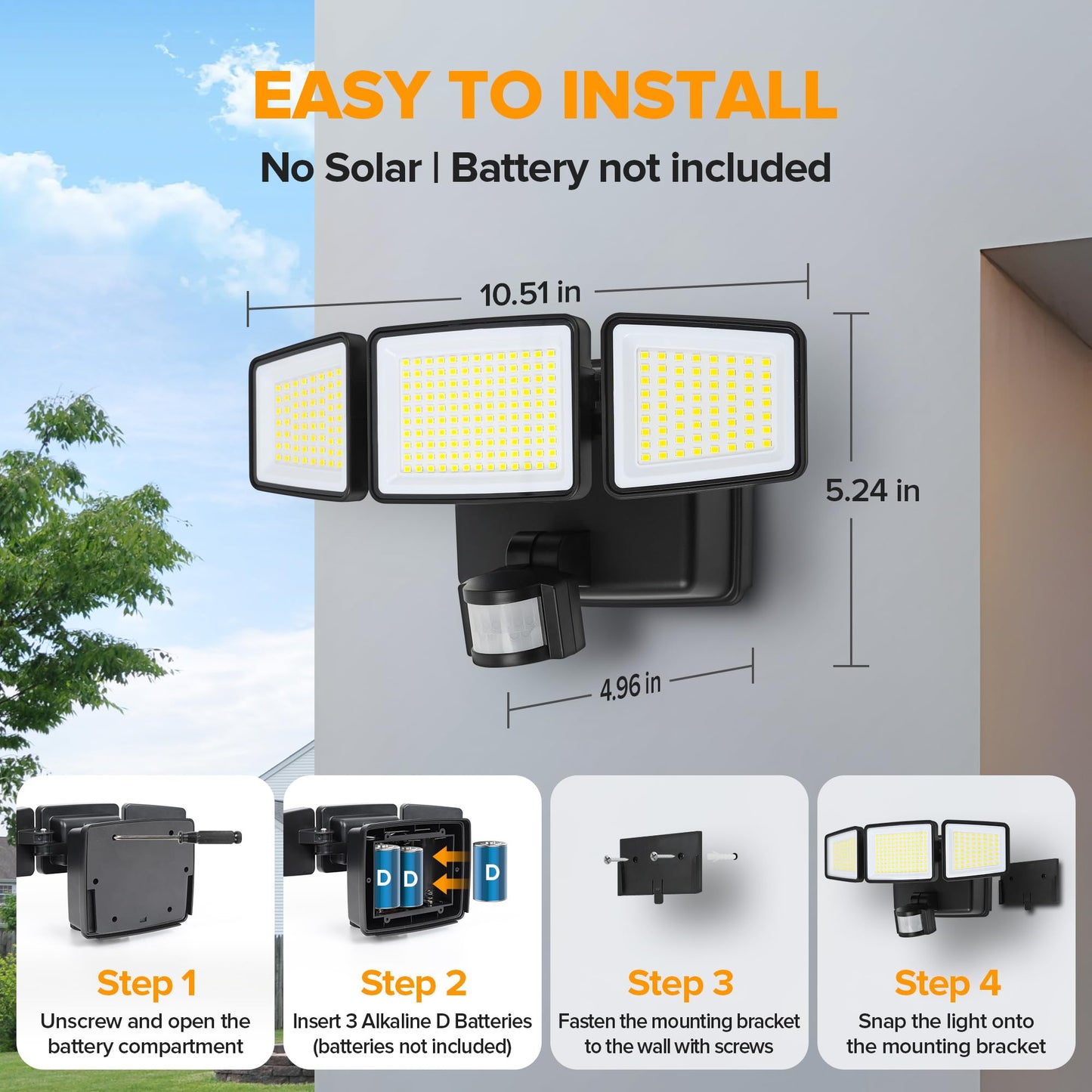 UME Battery Powered Motion Sensor Outdoor Lights 302 LED 1800LM, IP65 Waterproof Battery Operated Flood Lights Outdoor, 3 Heads Security Motion Light with 3 Modes for Garden Patio Yard