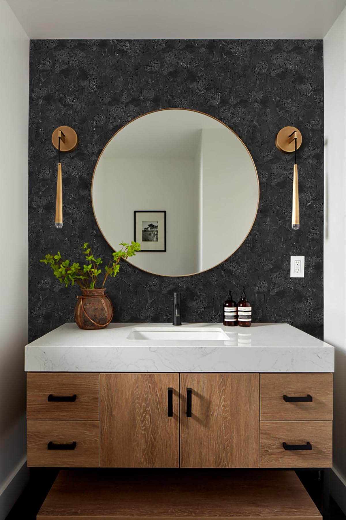 lenify Black Peel and Stick Wallpaper Black Floral Wallpaper 15.7inch x 118.1inch Vintage Embossed Textured Contact Paper Embossed Self Adhesive Wall Paper for Cabinets Pure Flower Removable Vinyl