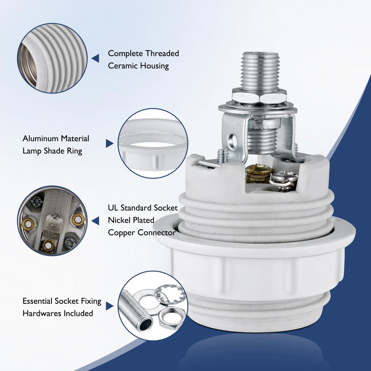 Lamp Socket with Metal Shade Ring, UL Listed Medium Base E26 Light Bulb Socket, Standard Screw-in Bulb Lamp Holder for Halogen LED Bulb (2)