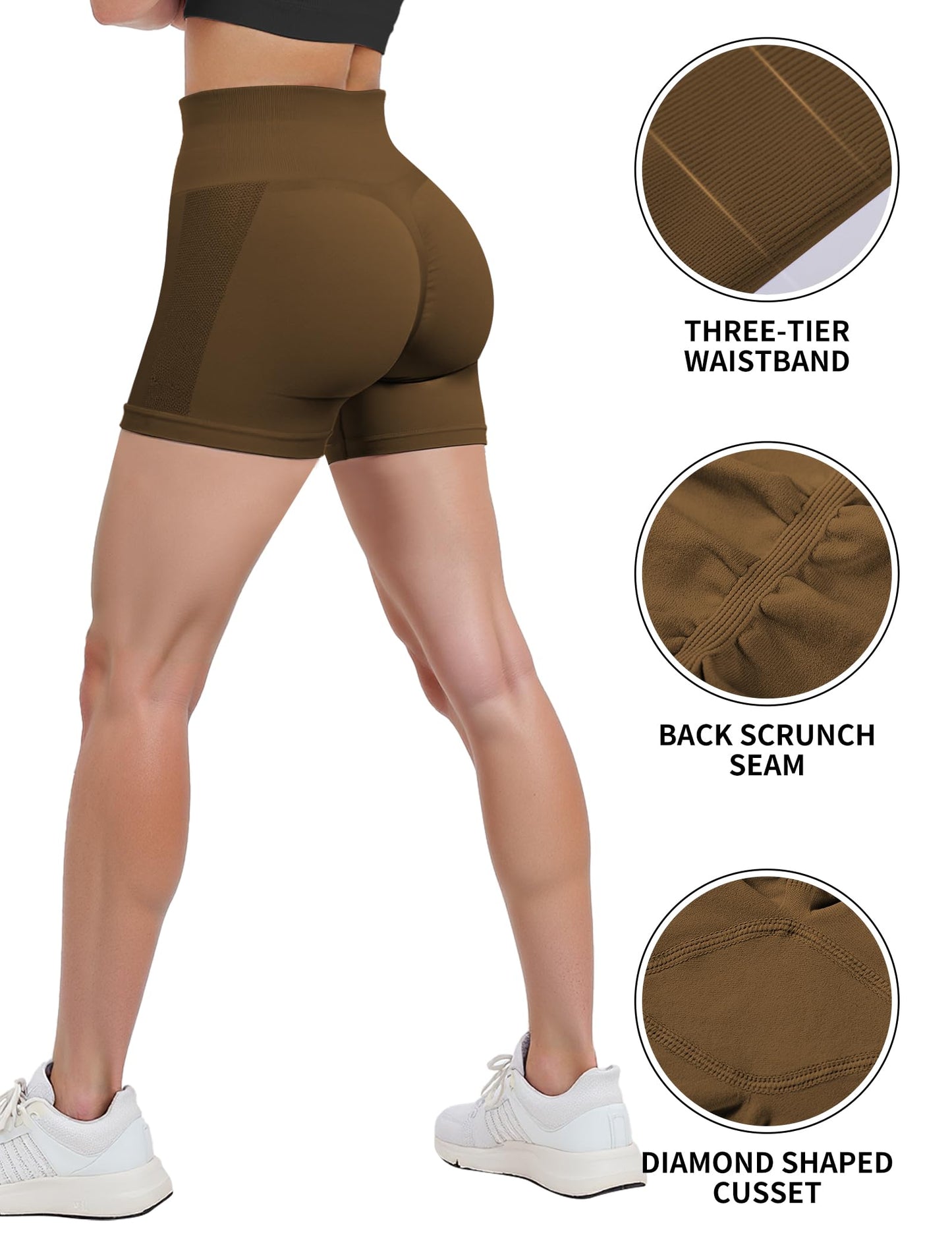Buauty Women's 3.6 Inch Booty Shorts, High Waisted Seamless Scrunch Butt Gym Workout Shorts with Tummy Control, Squat Proof Stretch for Yoga, Pilates, Fitness and Daily Wear Coffee