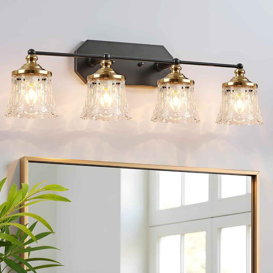 3-Light Vintage Bathroom Vanity Light Fixture - Black & Gold Antique Design with Crystal Glass Shade