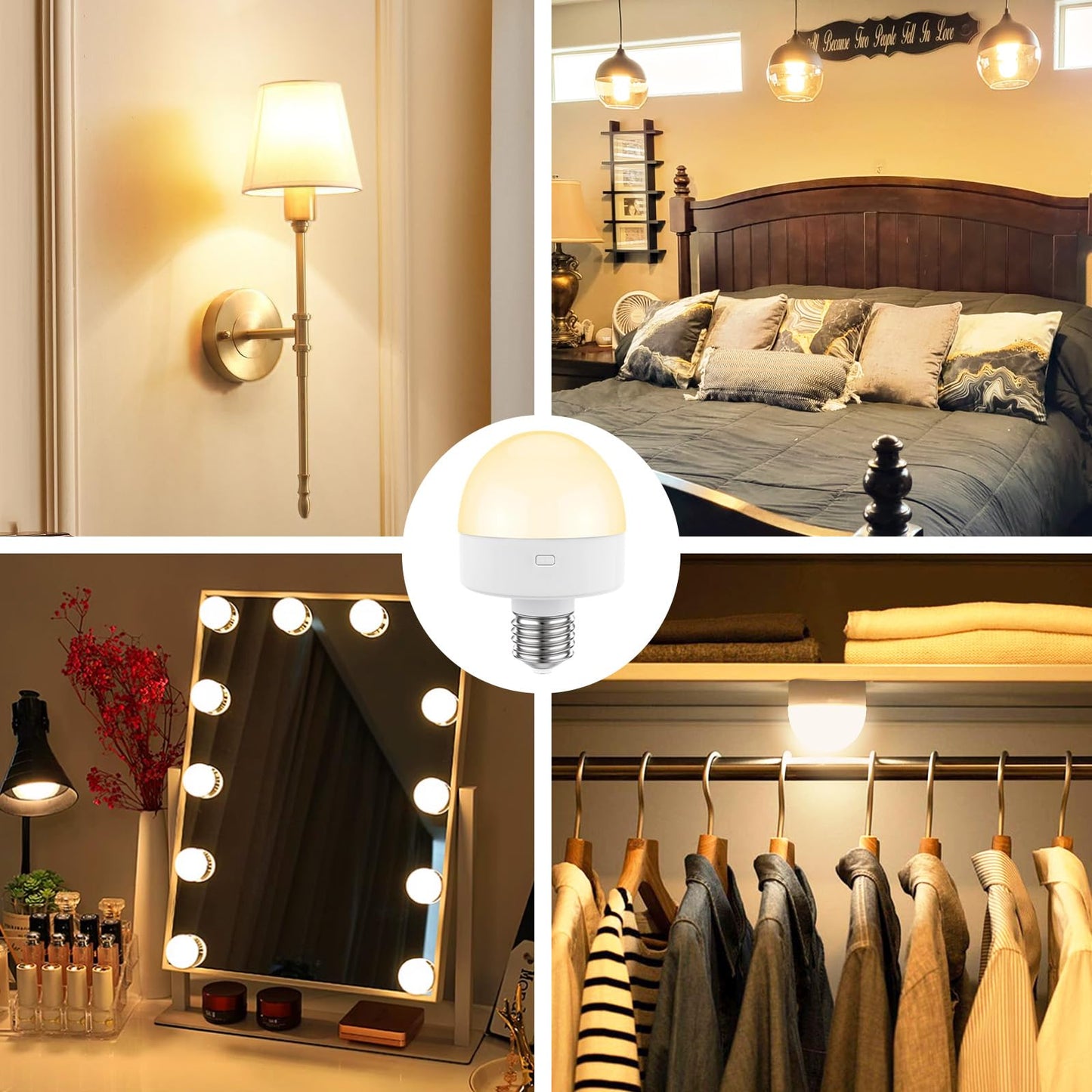 E26 Rechargeable Light Bulb with Remote,Battery Operated Backup Bulb for Sconces & Lamps,15 Colors Selectable,3 Timer,Dimmer,Wireless Puck Light Bulbs for Non-Hardwired,Detachable Charging,2 Pack