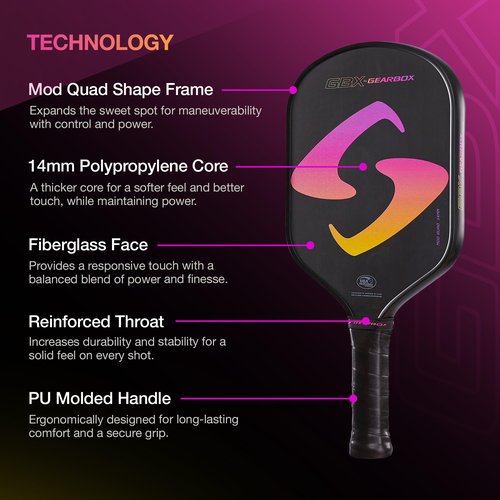 Gearbox GBX Quad Mod 14mm Pickleball Paddle – Textured Glass Fiber Face, Enhanced Spin & Control, PU Molded Handle, 14mm Poly Core – Lightweight, Durable, High-Performance Paddle